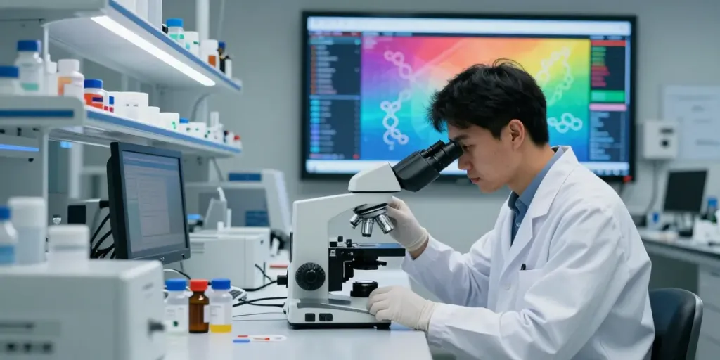 Scientist examining KPV peptide samples in a modern laboratory environment.