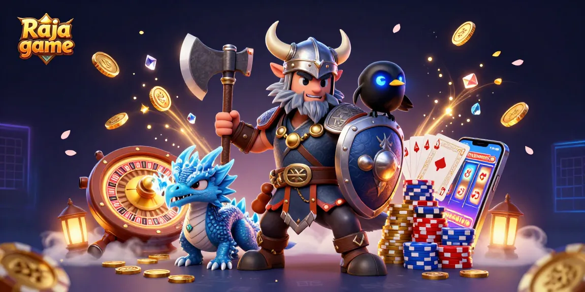 Experience thrilling action in Raja game with Viking warrior, dragon, and vibrant casino elements.