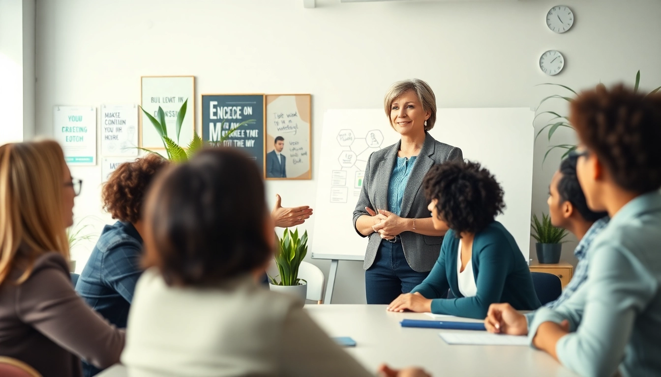 Engaged career coaching session showcasing a professional coach helping clients in a vibrant office.