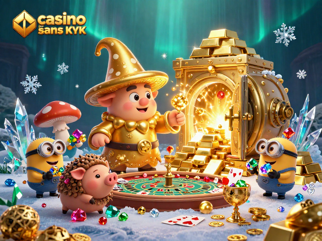 Jouez au casino live sans KYC avec des personnages colorés, des cartes et des jetons dans une scène flashy.