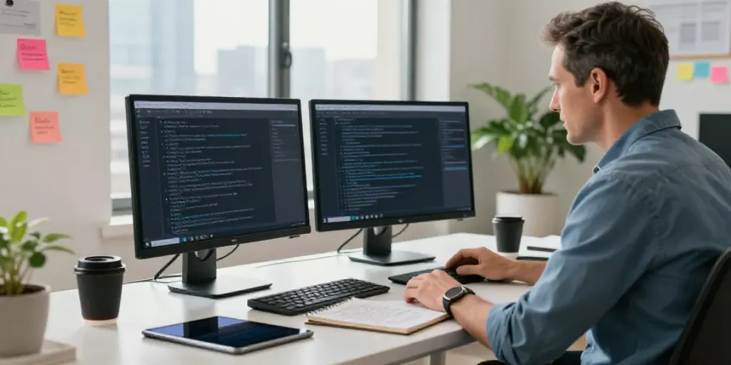 AI generated text workspace scene with a creator analyzing multiple outputs in a modern tech environment.