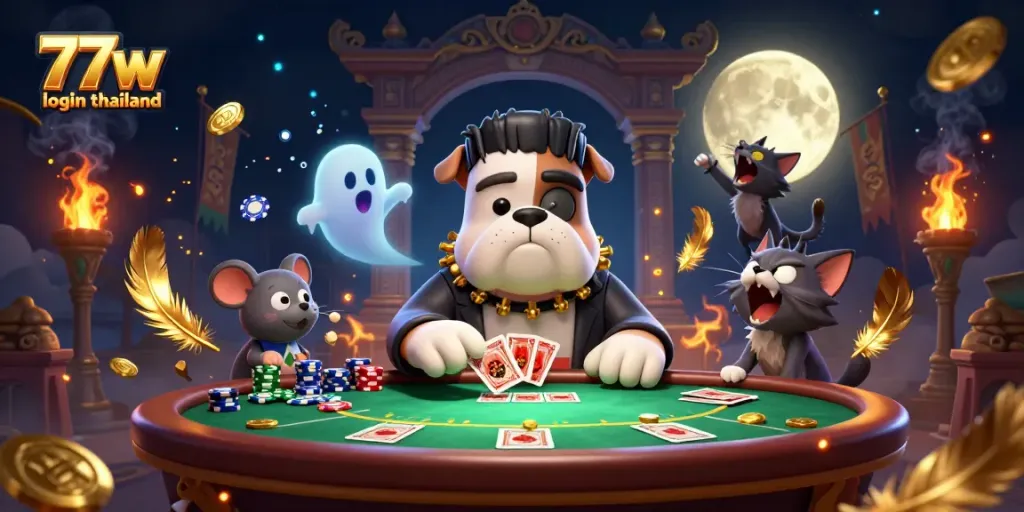 Engage with 77w login thailand as the 3D cartoon Frankenstein bulldog monster deals cards at a spooky poker table.