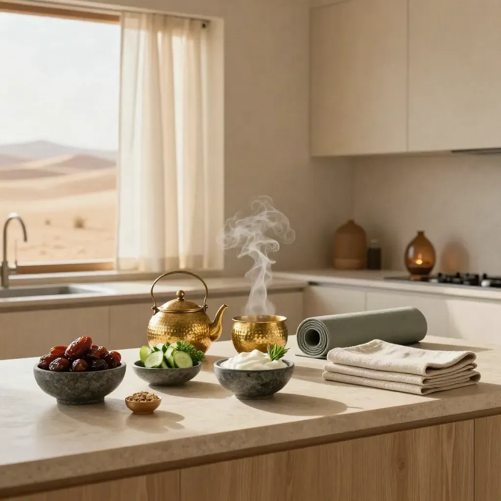 Wellness foods, brass tea set, yoga mat and diffuser in a sunrise kitchen