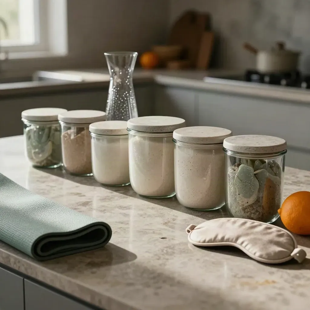 Seven meal containers, yoga mat, water carafe, citrus, and sleep mask on a stone kitchen counter.