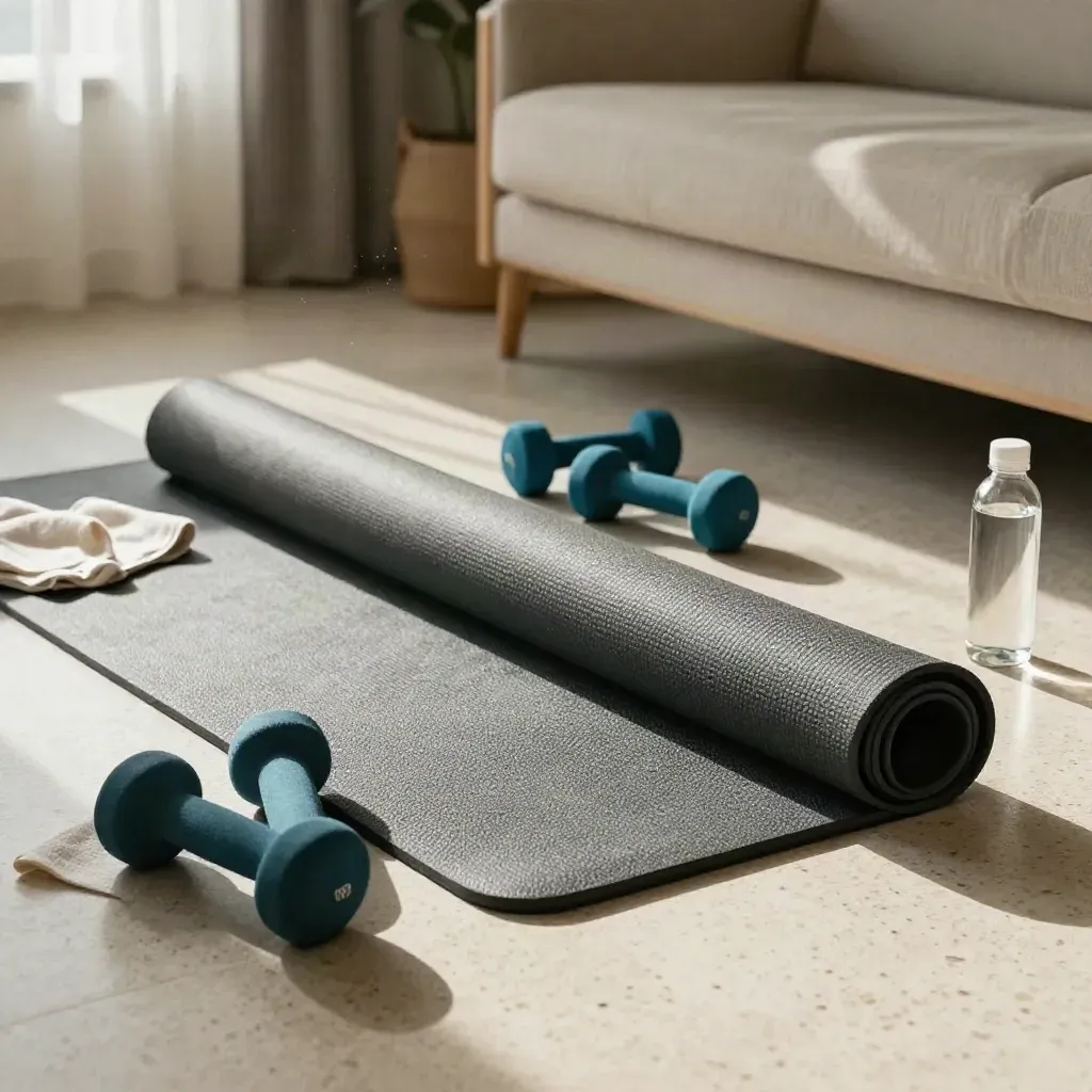 Sunlit workout mat, dumbbells, loop band and water bottle in a calm living-room corner.