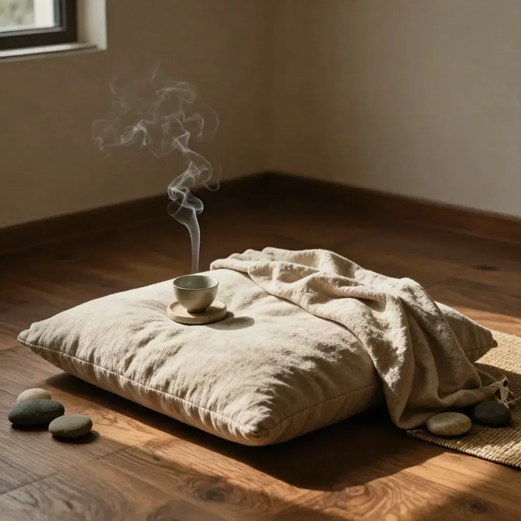 Sunlit mindfulness nook with cushion, incense smoke, tea cup, linen throw, and stones