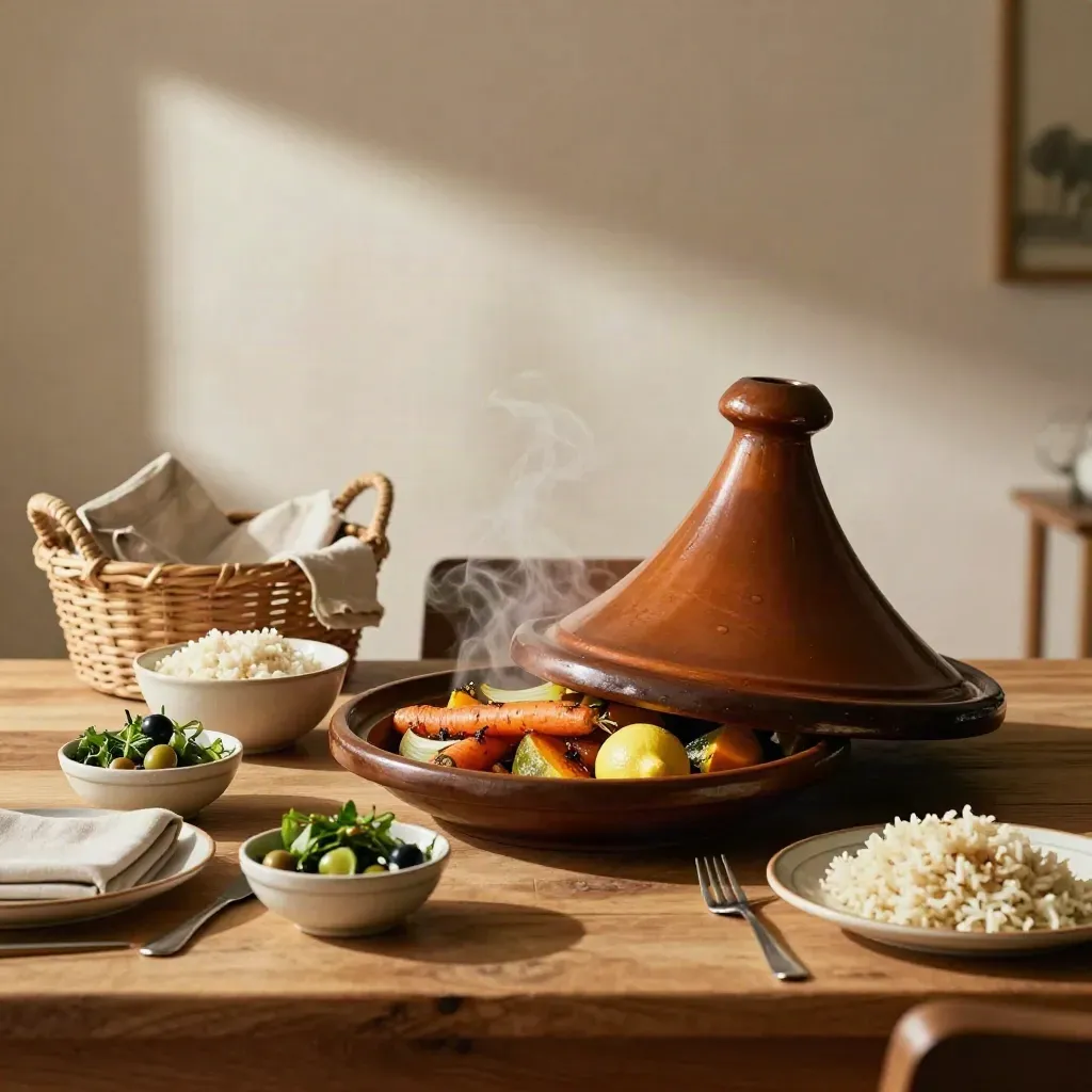 Tagine with roasted vegetables, rice, salad bowls and a woven basket on a sunny dining sideboard.