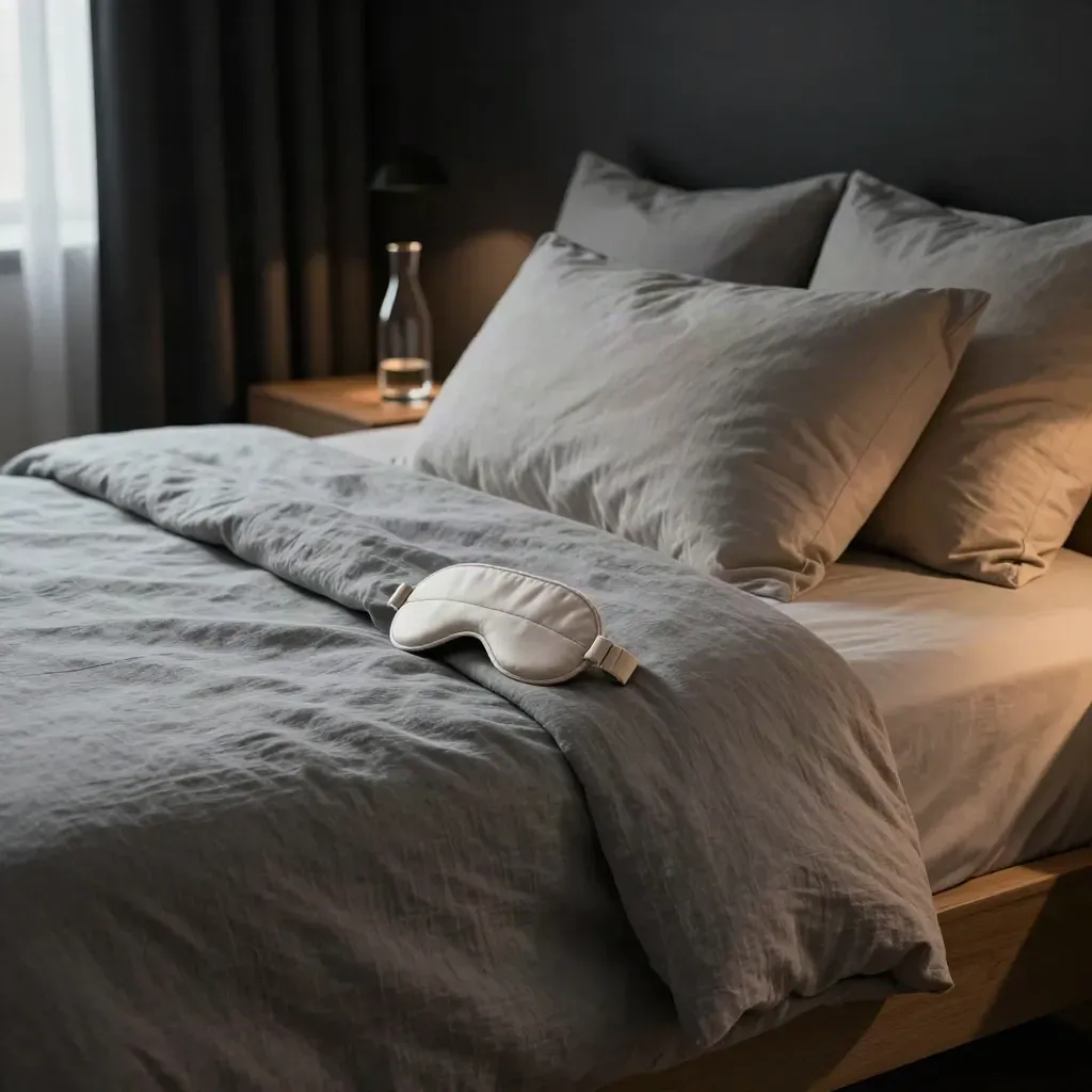 Dimmed bedroom with ash-grey linens, eye mask, slippers, and a bedside carafe under warm lamplight.
