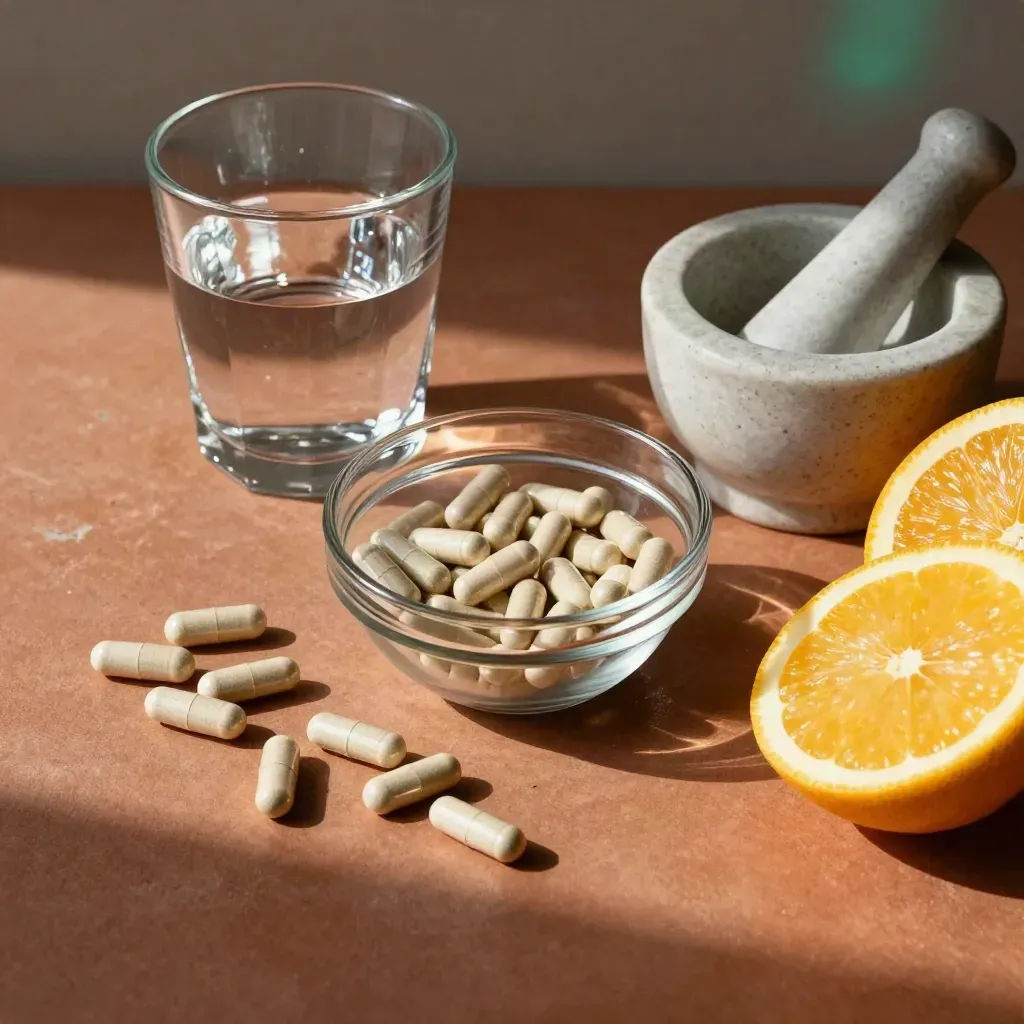 Top-down supplement review still life with capsules, water, mortar and pestle, and citrus on terracotta.