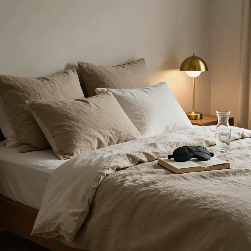 Layered bedding, lamp glow, eye mask, book and water carafe in a quiet sleep-ready bedroom.