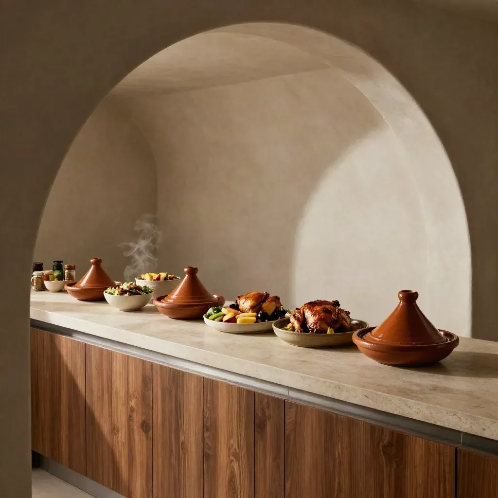 Five home-cooked dinners lined up in a Dubai kitchen with tagines, trays, salads and spice jars