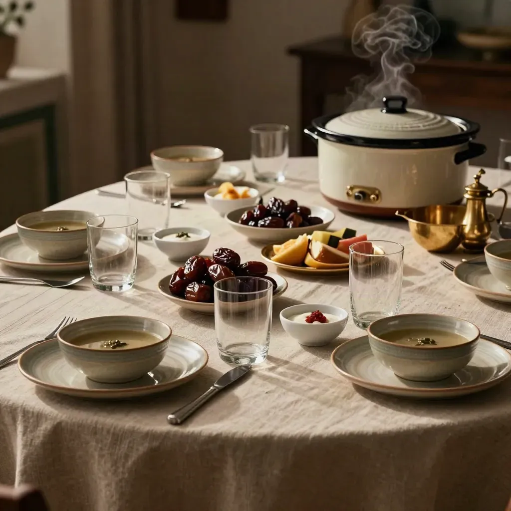 Iftar table with dates, soup, water, yogurt, fruit, and brass serving pieces