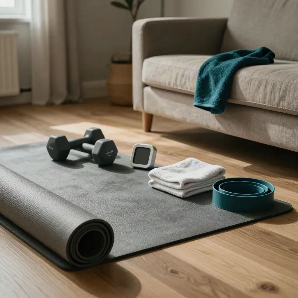 Home workout corner with dumbbells, mat, timer, towel, and bands beside a sofa.