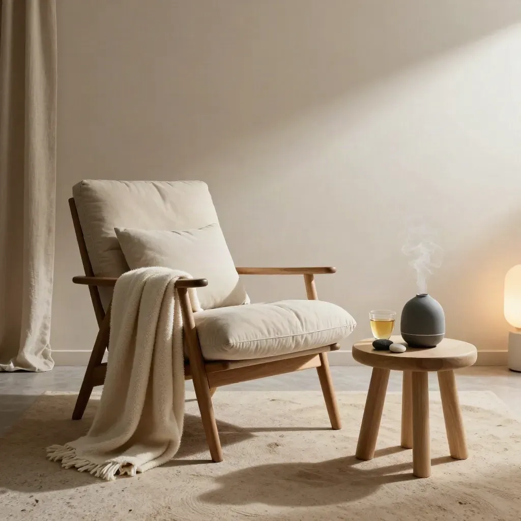 Quiet recovery chair with herbal tea, diffuser, blanket and stones in a moody wellness corner
