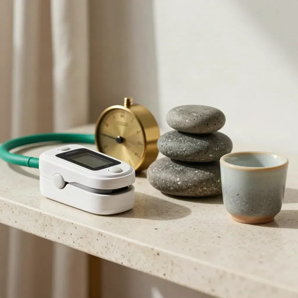 Wellness coach toolkit with oximeter, resistance loop, brass timer, stones, and ceramic cup on travertine.
