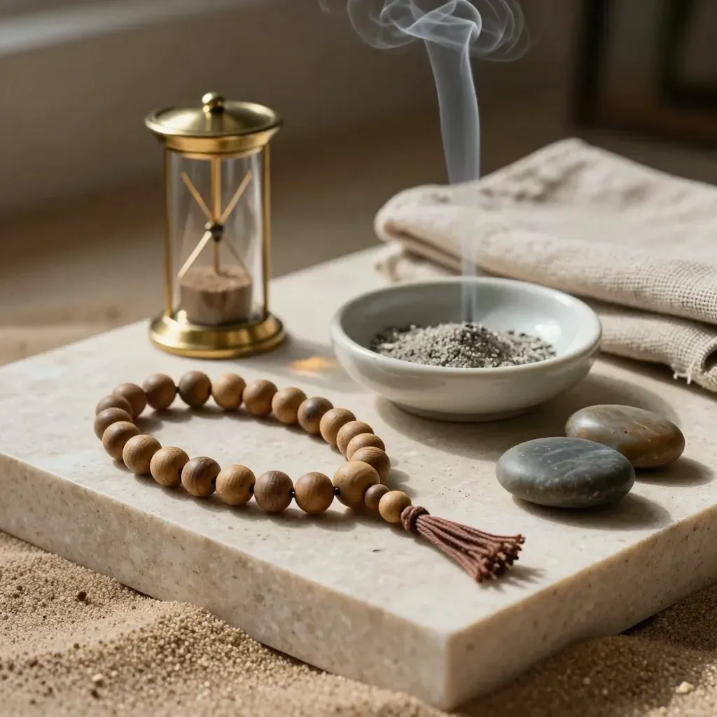 Mala beads, incense smoke, sand timer, linen cloth, and river stones on travertine.