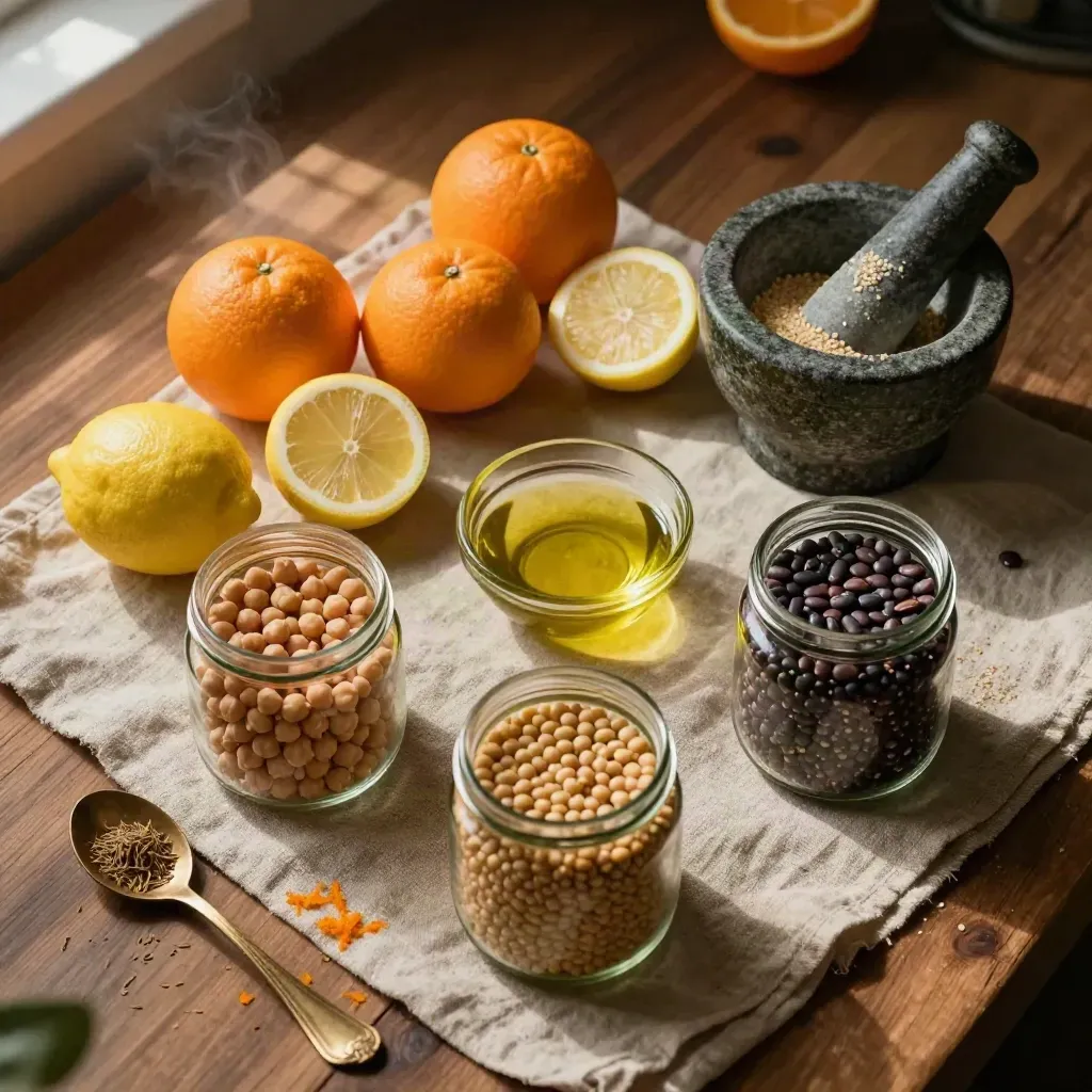 Overhead citrus, olive oil, spice spoons, mortar and jars of legumes on a walnut prep counter.
