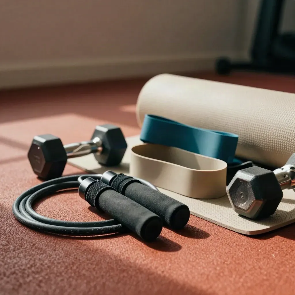 Jump rope, ankle weights, resistance bands and dumbbell heads on a gym floor