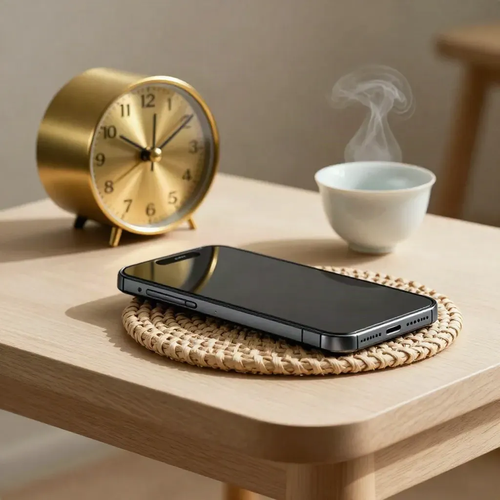 Phone on charger beside brass clock and tea cup on a sand tray