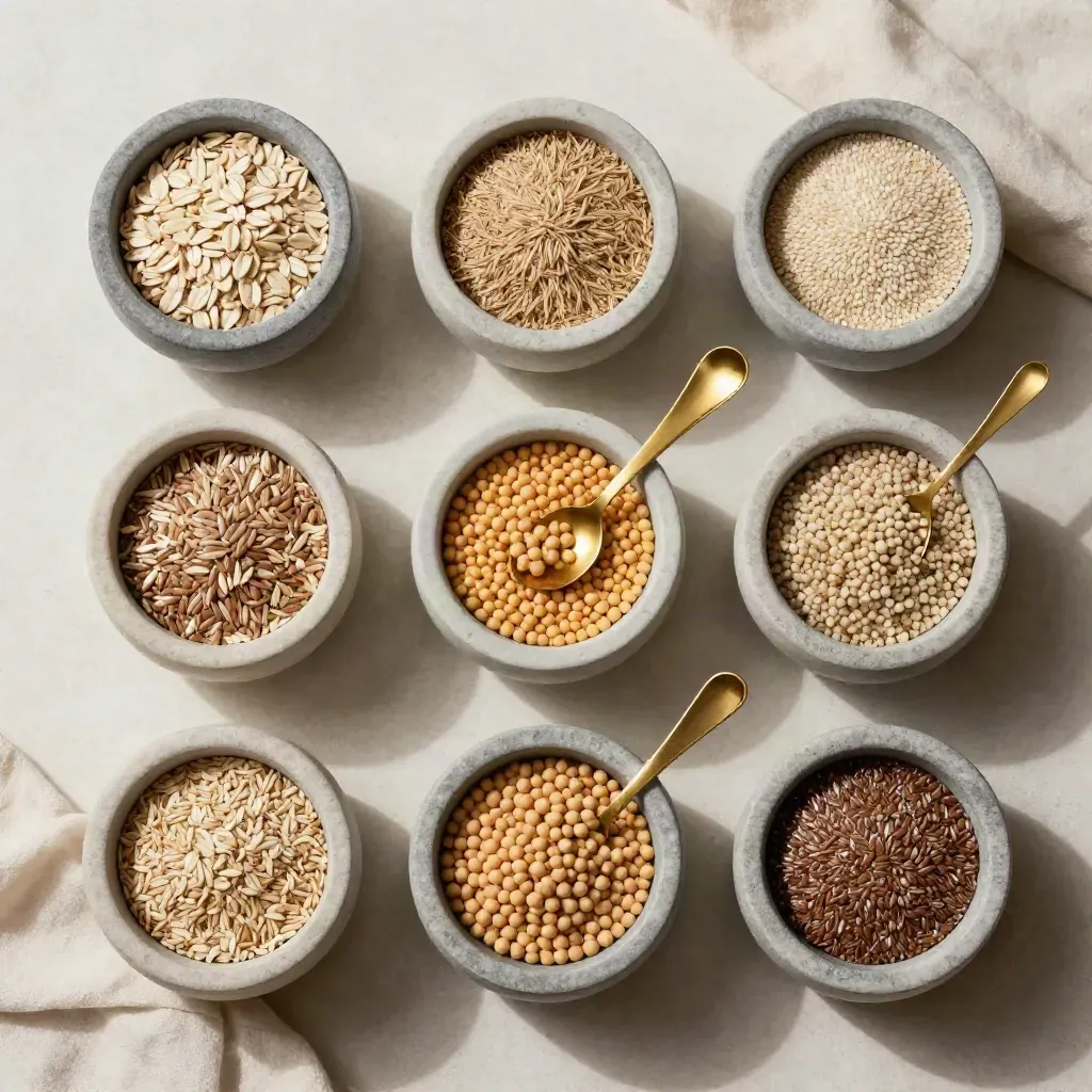 Overhead grid of seven stone ingredient bowls with a brass spoon on an ivory plaster surface.