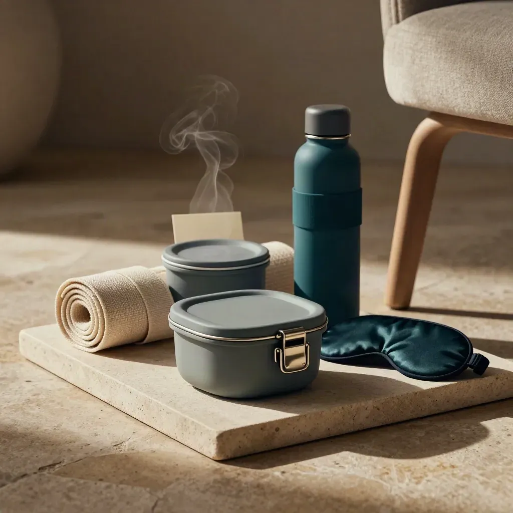 Meal containers, water bottle, sleep mask and mat strap beside a chair in soft afternoon light.