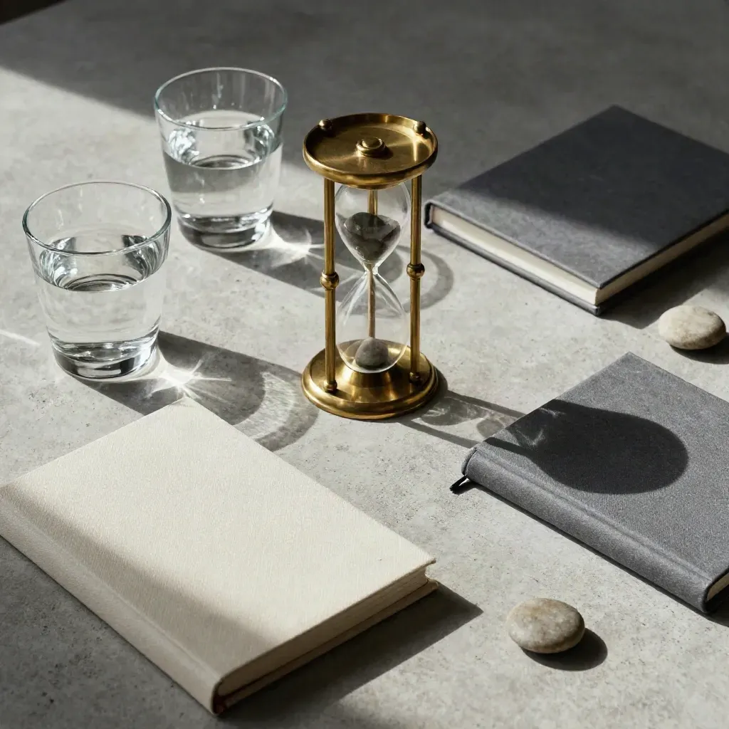 Overhead still life with hourglass, two water glasses, pebbles, and closed notebooks on concrete