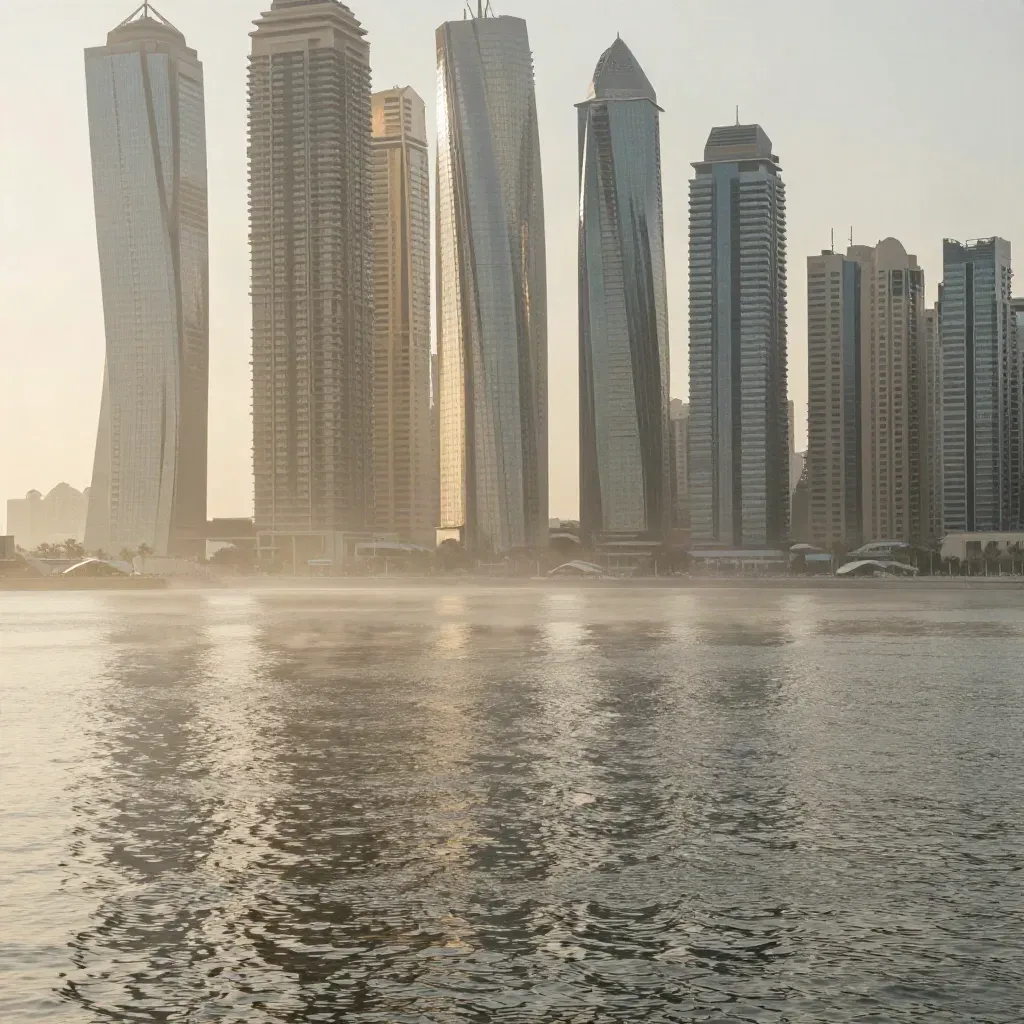 Dubai Marina towers above still water in sunrise haze