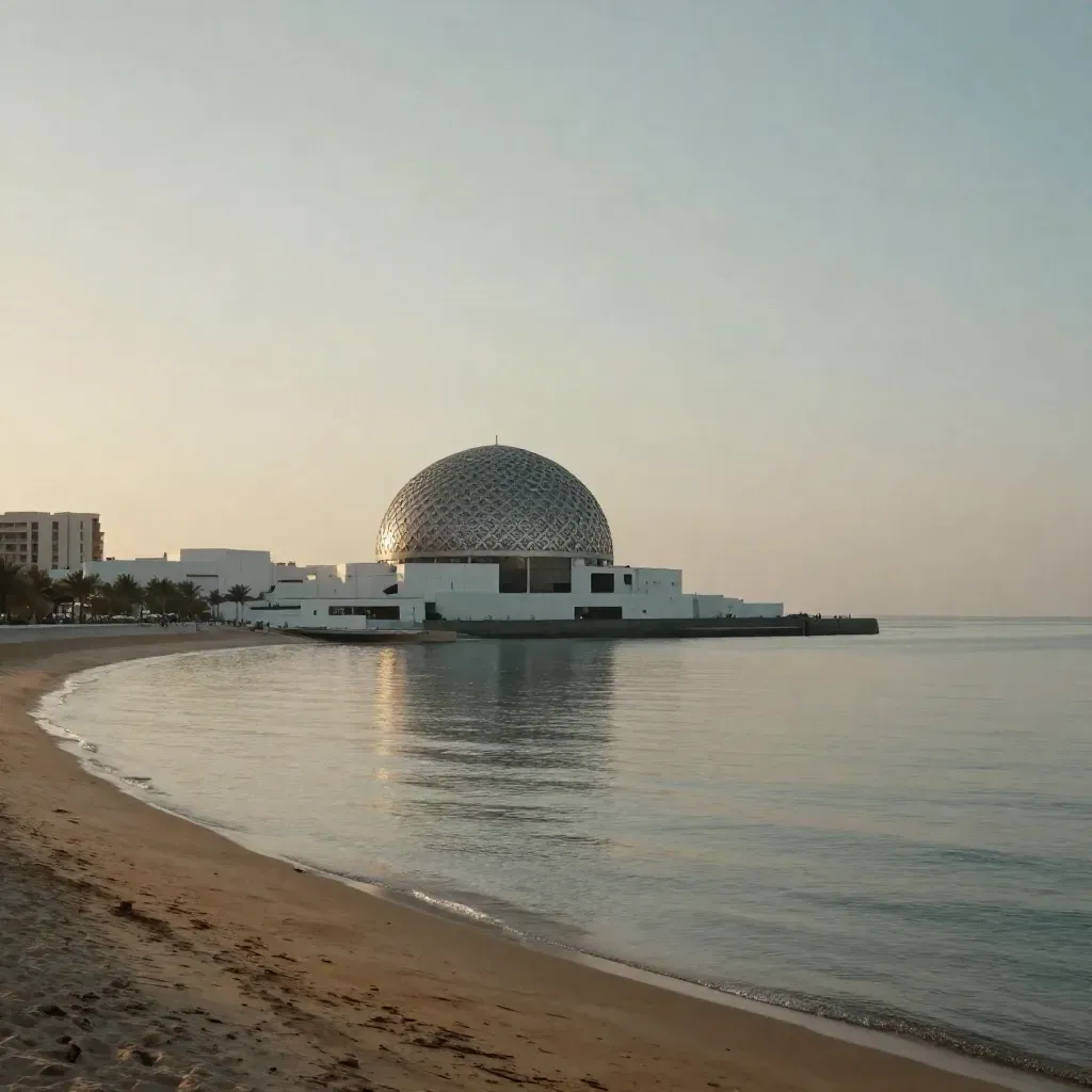 Louvre Abu Dhabi dome over a hazy Saadiyat shoreline and pale sea at golden hour