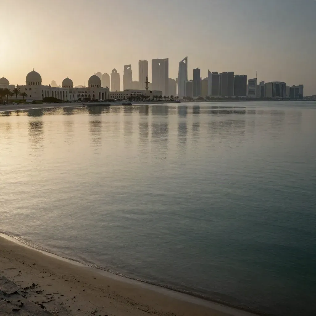 Hazy Al Majaz lagoon with distant domes and a quiet Sharjah skyline at sunset