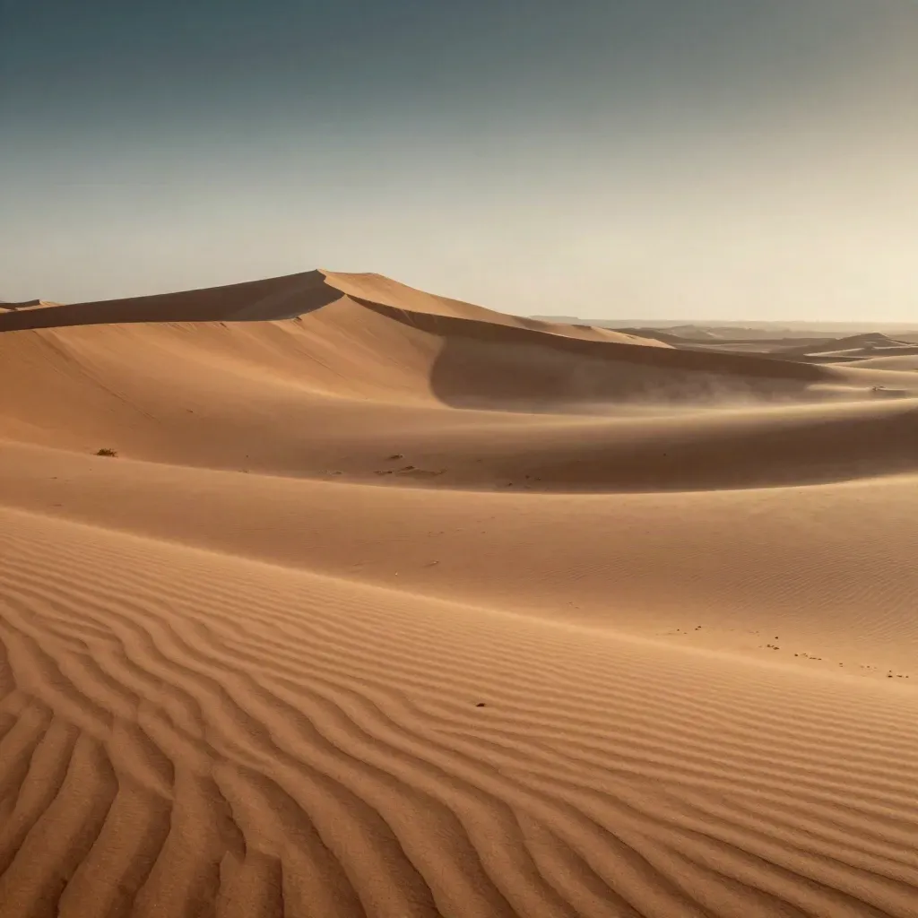 Sunlit desert dunes and a faint Gulf coast line under hazy sky, calm space for copy.