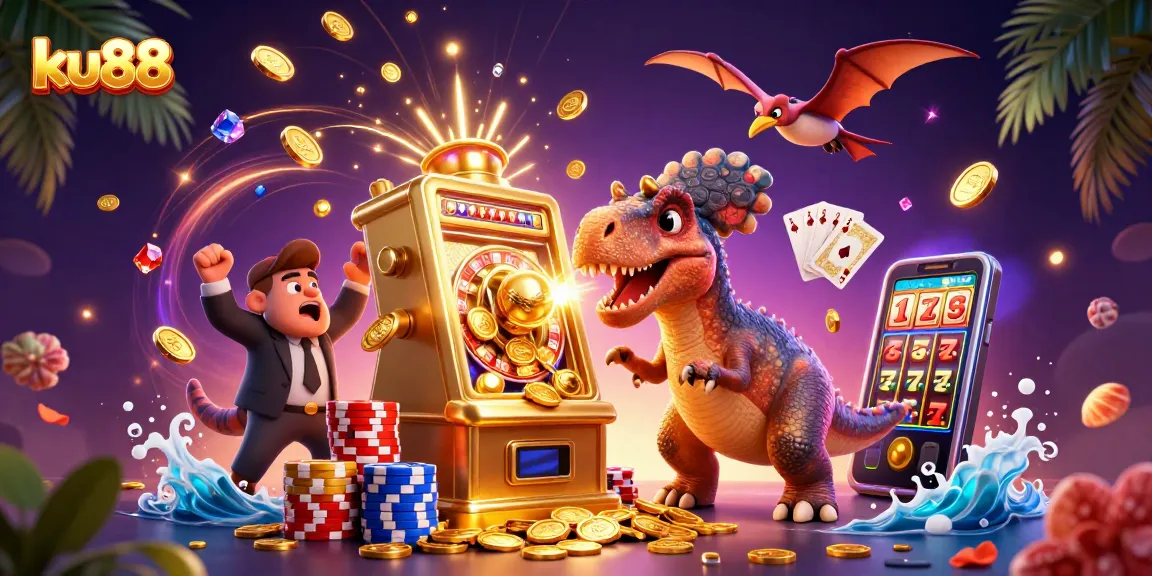 ku88 celebrates big wins as a dinosaur headbutts a slot machine amidst flying coins and excitement.