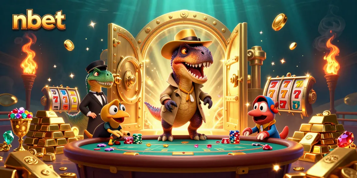 Experience nbet in a vibrant casino scene with animated dinosaurs and golden treasures.