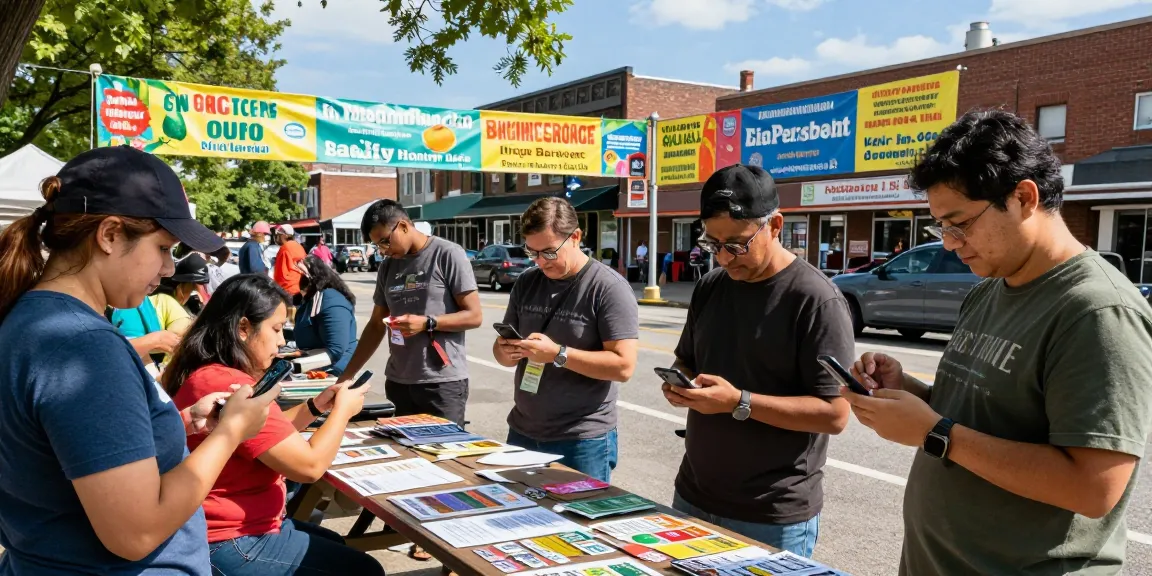 People using BedPersonal classifieds at a vibrant community market.