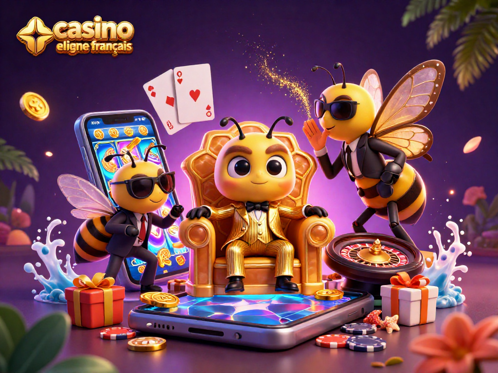 Une illustration dynamique de "casino en ligne français" avec un boss guêpe et des éléments de jeu autour.