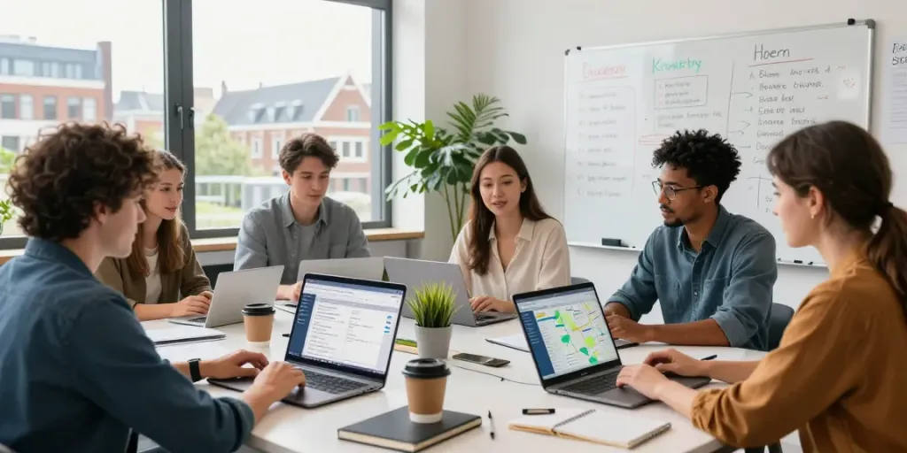 SEO bureau Gouda team collaborating in a vibrant office setting to improve online visibility for local businesses.