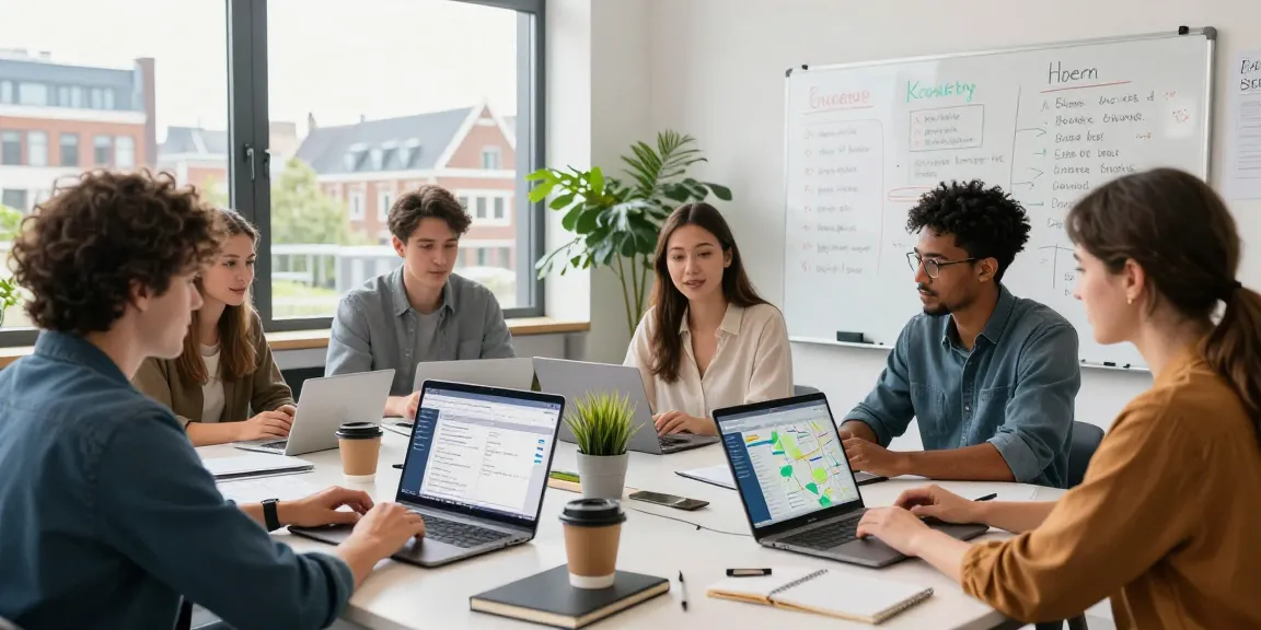 SEO bureau Gouda team collaborating in a vibrant office setting to improve online visibility for local businesses.