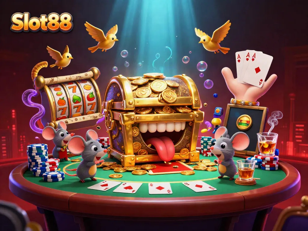 Gambarkan Slot88 dengan peti harta karun dan simbol slot menarik untuk para petaruh.