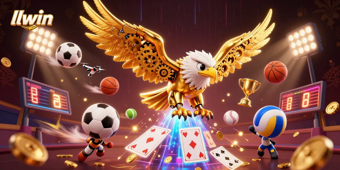 llwin showcases a dynamic scene with a cybernetic eagle among flying sports elements, symbolizing excitement.