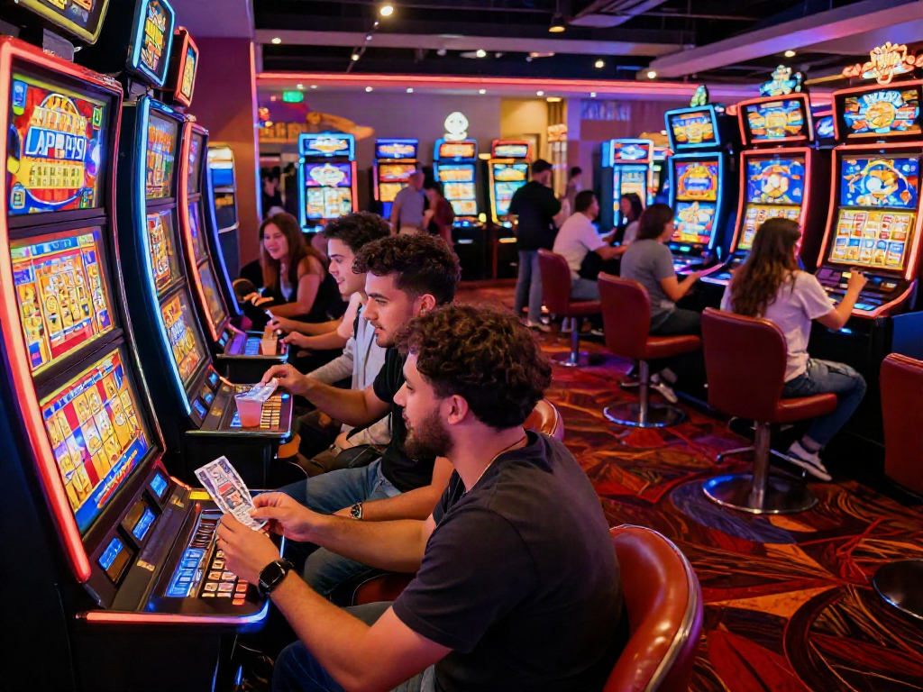 Exciting group enjoying slot online terpercaya at a casino, vibrant atmosphere and colorful lights.