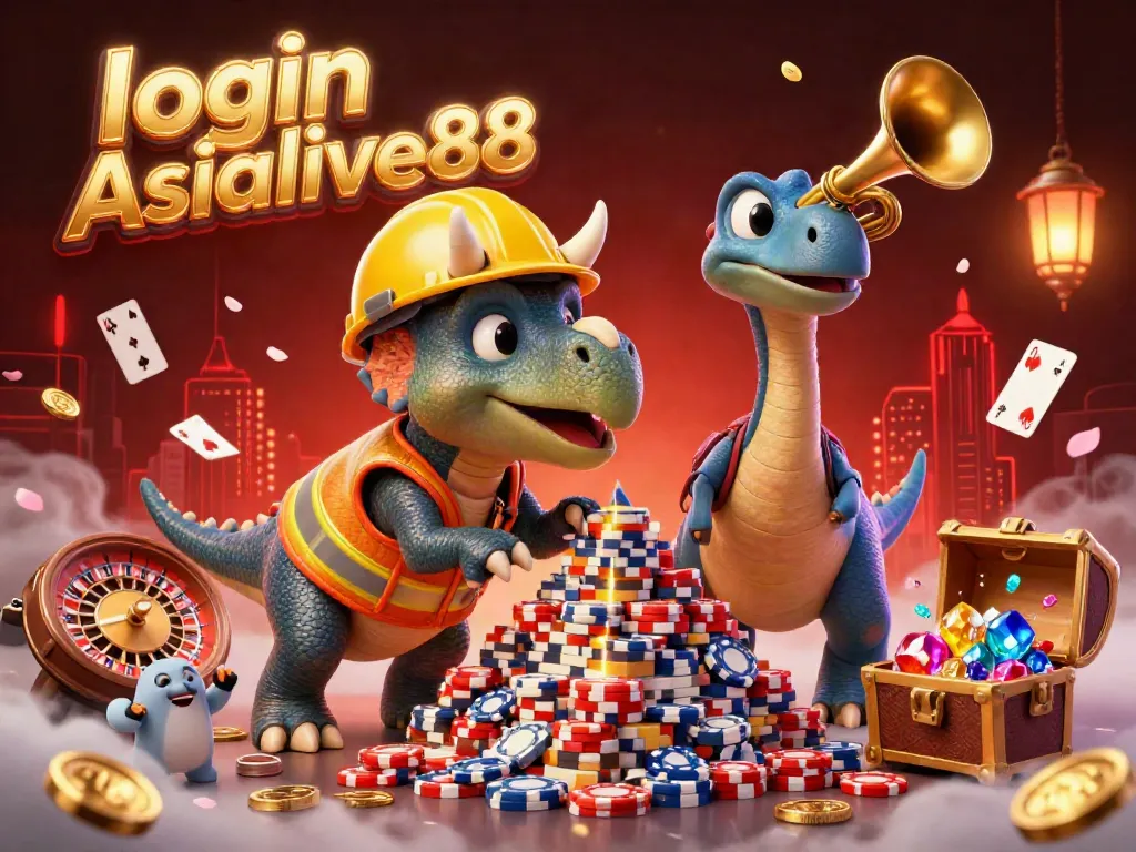 Celebrate with login Asialive88 in a vibrant casino scene featuring dinosaurs and floating cards!