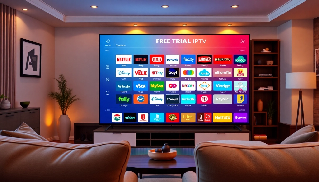Engage with free trial iptv through a vibrant digital streaming interface in a warm living room.