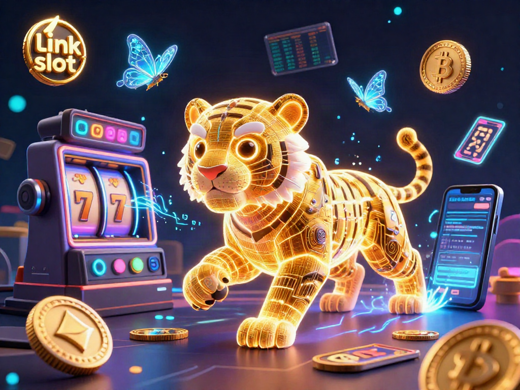 Engage with link slot games in this vibrant digital casino illustration filled with neon energy and animated elements.