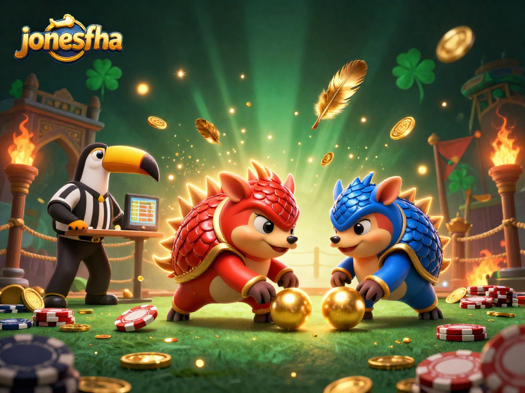 Engage with jonesfha in an exciting 3D casino scene featuring rival pangolins bowling into poker chips.