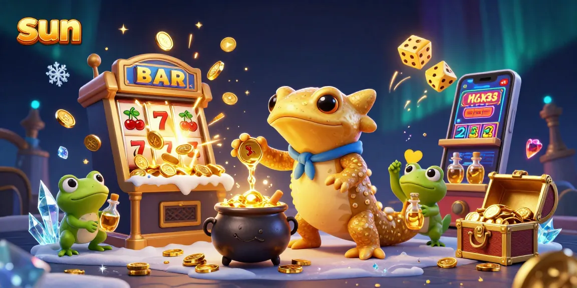 Sun-themed 3D casino scene featuring a golden salamander alchemist and vibrant gaming elements.