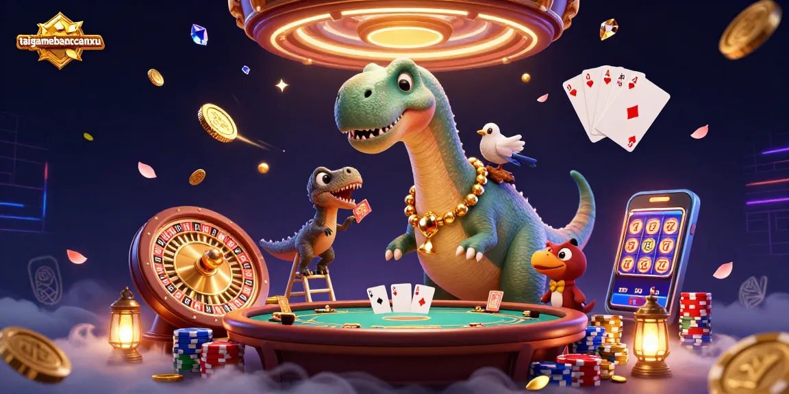 Engage with taigamebancaanxu in this vibrant 3D casino scene featuring a brontosaurus and a raptor.