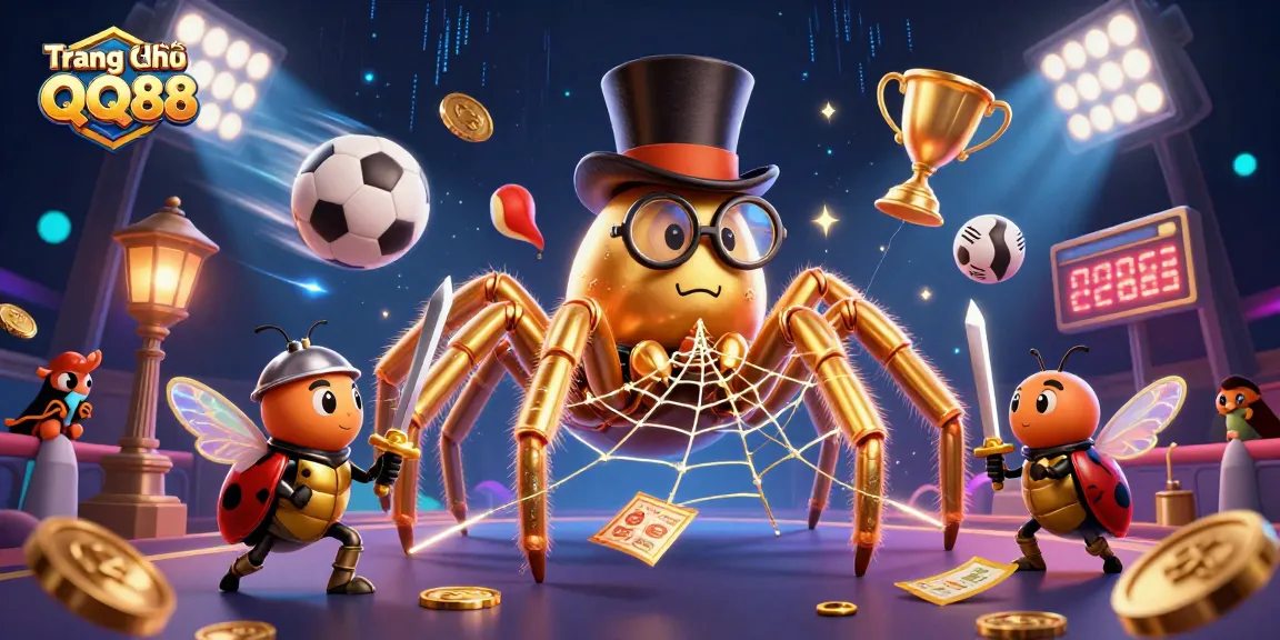 Win at Trang Chủ QQ88 with a dynamic casino scene showcasing a golden tarantula and beetle knight amidst sports betting action.