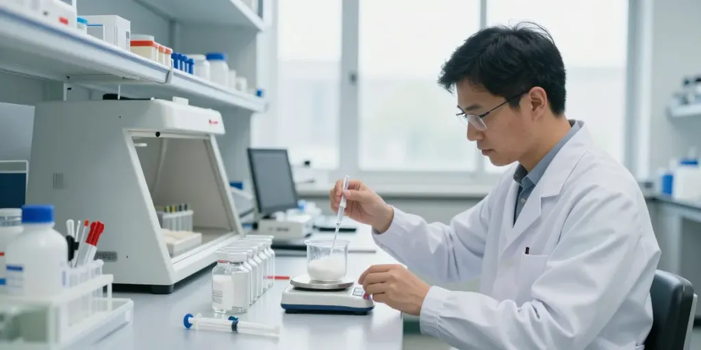 Detailed laboratory scene demonstrating how peptides are stored and reconstituted, featuring a researcher measuring peptide powder.