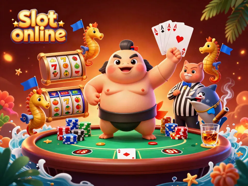Slot online menjadi lebih seru dengan fugu menggemaskan dan suasana kasino yang ramai.