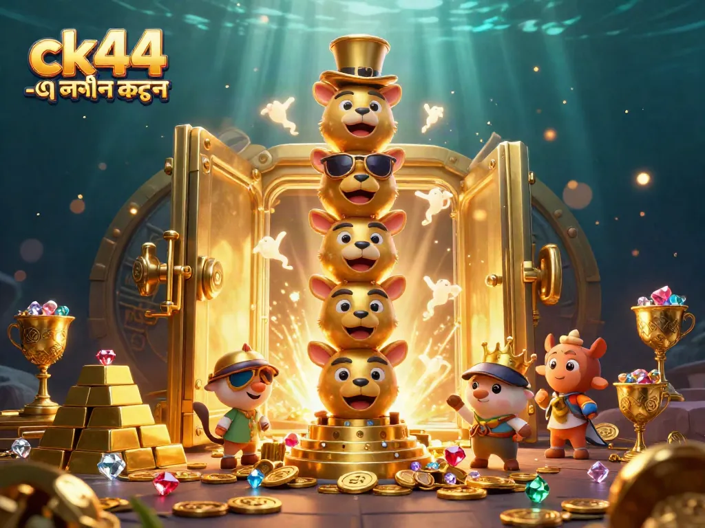 Experience the excitement of ck44 -এ লগইন করুন with vibrant casino-themed illustrations featuring golden treasures.