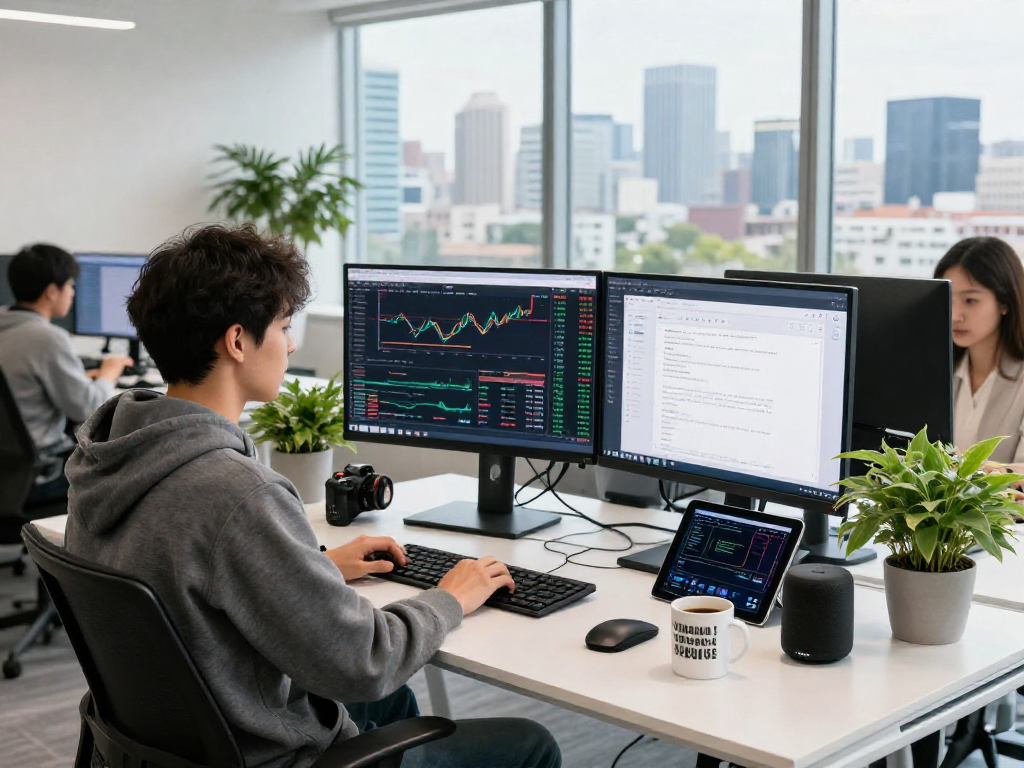 Utilize the Japan stock real-time API in a modern fintech office, featuring stock metrics and API documentation.